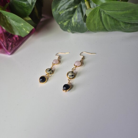 Dalmatian Jasper, Rose Quartz and Black Obsidian Earring Dangles - Picture 7 of 7